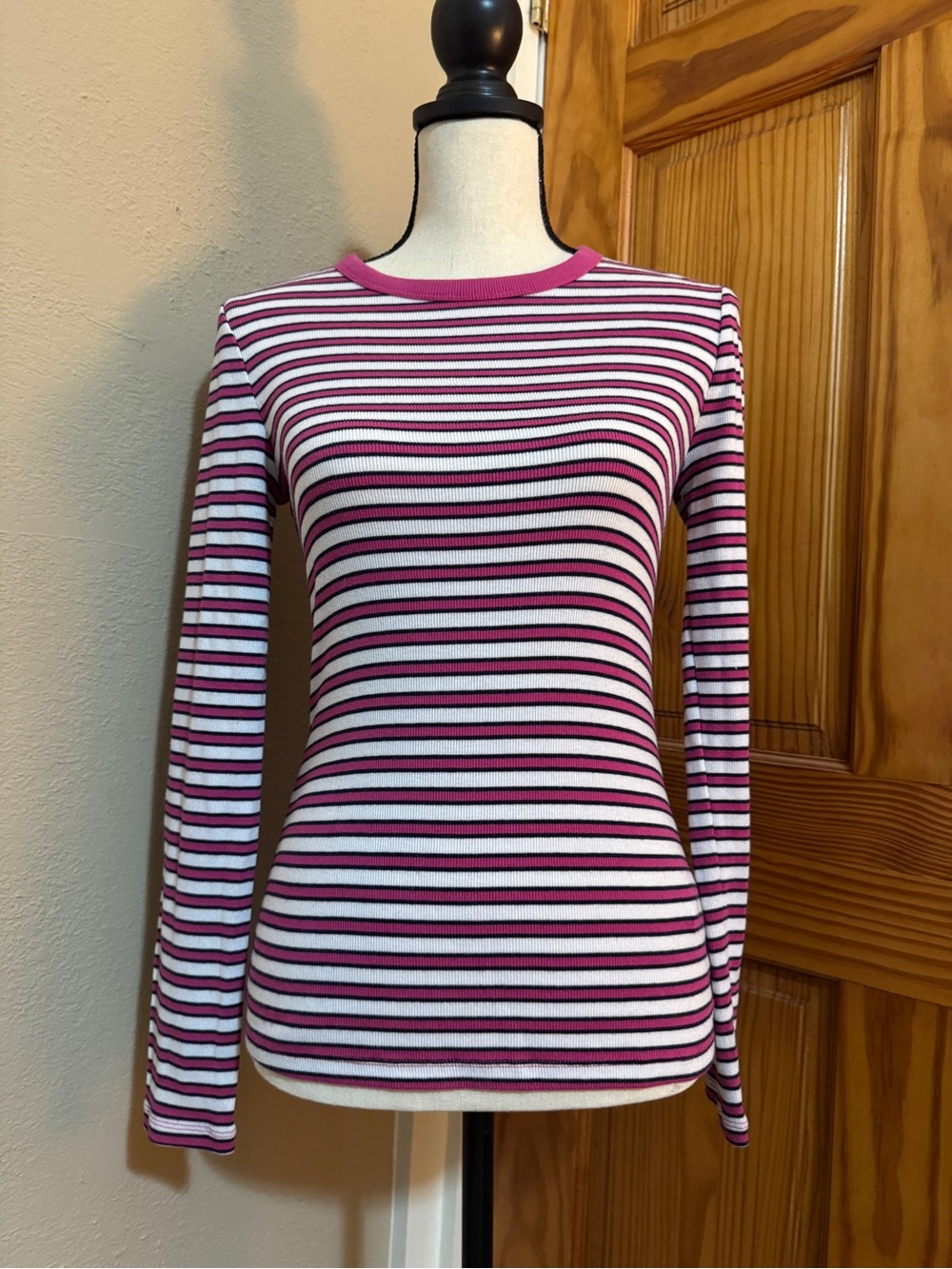 GAP Striped Long-Sleeve Crewneck Top in Pink and White